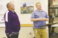 Michael Qualls (left) and Duston Moore speak about the creation of esports teams at Jacksboro High School. Photo/Brian Smith