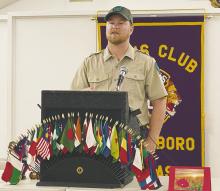 Fort Richardson State Park Interpreter Chris Yarborough speaks to Lions Club members about expansion at the park and some of the programs going on at the facility. Historical reenactments and youth fishing tournaments will be going on. Photo/Brian Smith