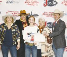 Bryson sophomore Braydee Thorne, center, won a Fort Worth Stock Show and Rodeo Calf Scramble Scholarship during the Rodeo in February. Contributed photo