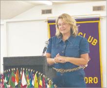 Jacksboro Athletic Booster Club President Leann Johnson speaks about the club and what it does to Lions Club members during the Lions Club regular meeting Wednesday, Sept. 13 at the Lions’ Den. Photo/Brian Smith
