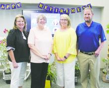 Br yson ISD honored five retirees during a recept i on Tuesday, May 16. Honored at the ceremony were, from left to right, Tammy Helms, Becky Walden Molly Urbanczyk, and Brent Tuel. Not pictured, Hunter Hayes. Photo/ Brian Smith