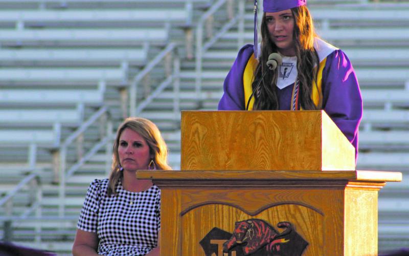Savannah Thompson speaks before her Jacksboro High Class of 2022 classmates during graduation. Jack County had nearly 100 graduates in three ceremonies in May. File photo