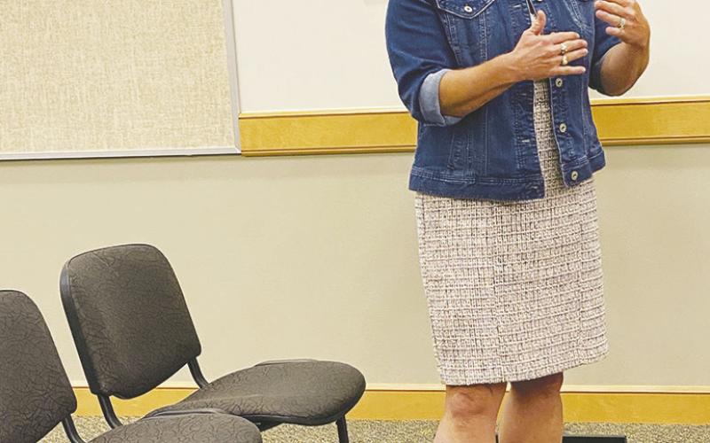 Jacksboro High School counselor Dori Taylor speaks on what programs she offers on her campus during the Jacksboro ISD meeting at the Oct. 10 meeting. Photo/Brian Smith