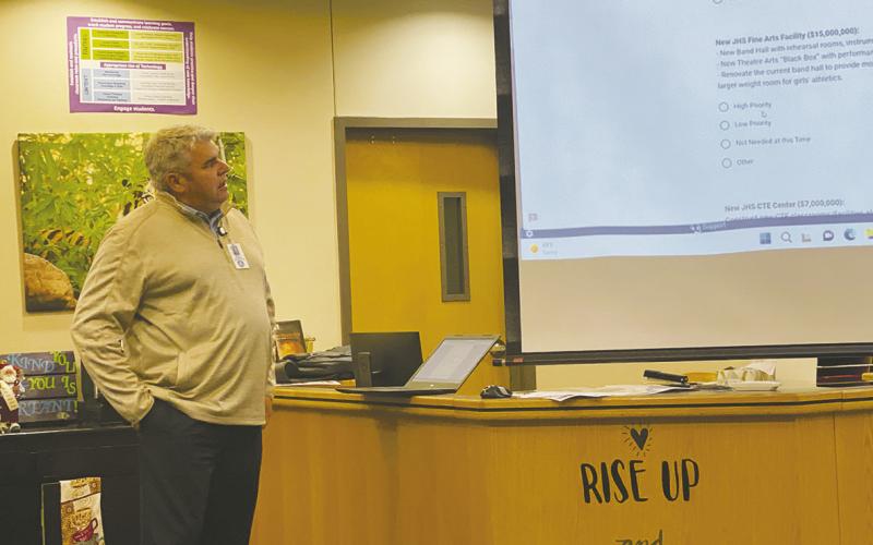 Jacksboro ISD Superintendent Brad Burnett explains as survey for what Facilities Vision Committee members would fill out during a Nov. 28 meeting. Committee members were asked to rank what they saw as the district’s biggest needs. Photo/Brian Smith
