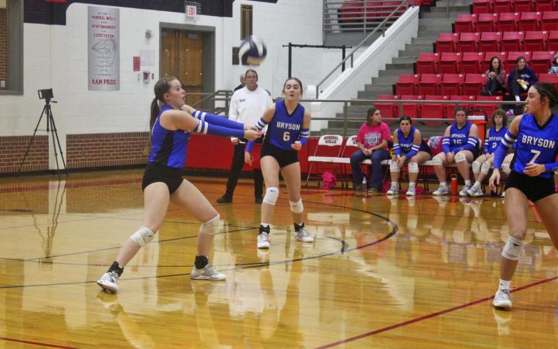 For the second time in eight days, Perrin’s volleyball team faced its in-county rival Bryson. The Lady Pirates swept the Cowgirls in the first meeting Oct. 24... and repeated the effort in the Class A Bi-District round Tuesday, Oct. 31 with a 25-23, 25-17, 25-19 win at Mineral Wells High School. Photo/Brian Smith