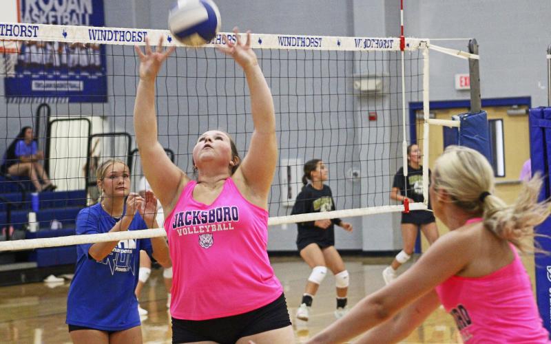 The Lady Tigers set up a play for a kill Tuesday, July 22. Coach Bekah Sams said the number one area of improvement for the Lady Tigers is passing. Photo/Alex Havardansky