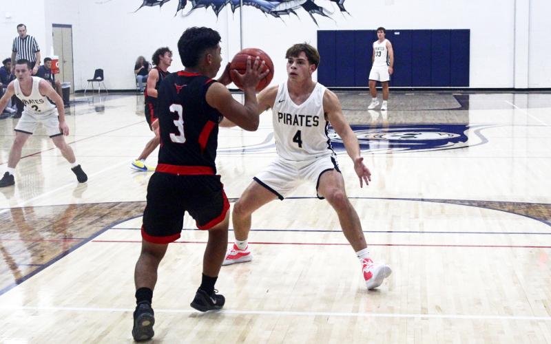 Cole Keeney plays defense during first-half action in Perrin’s 72-34 win Tuesday, Nov. 12 over Eastland. Photo/Brian Smith