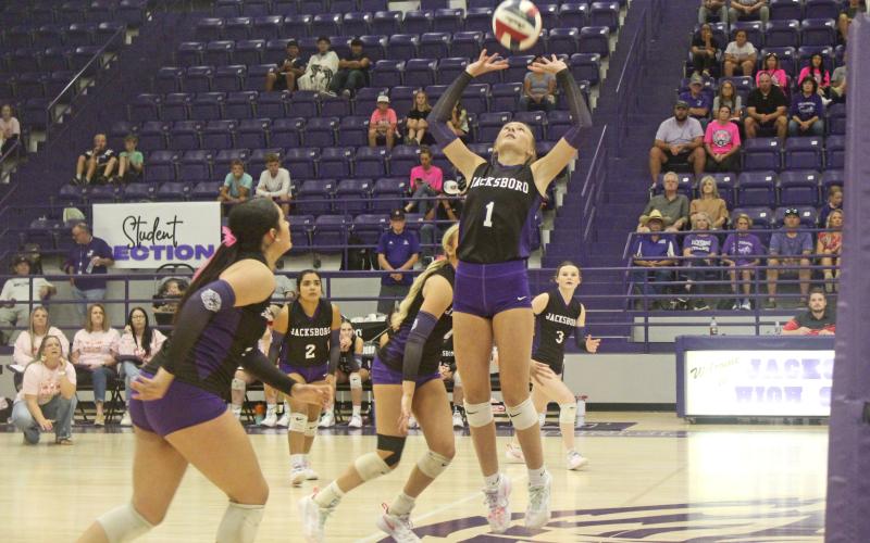Senior Brailyn Tullous sets the ball during game one of the Tigerettes’ Friday, Oct. 11 victory over City View. Photo/Brian Smith