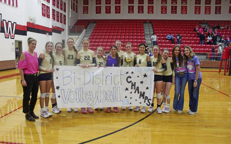 For the second time in eight days, Perrin’s volleyball team faced its in-county rival Bryson. The Lady Pirates swept the Cowgirls in the first meeting Oct. 24... and repeated the effort in the Class A Bi-District round Tuesday, Oct. 31 with a 25-23, 25-17, 25-19 win at Mineral Wells High School. Photo/Brian Smith