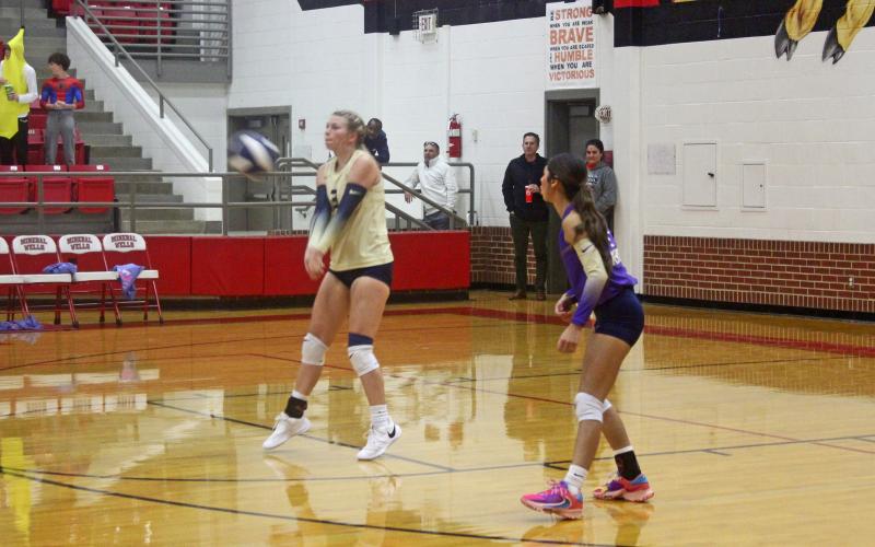 For the second time in eight days, Perrin’s volleyball team faced its in-county rival Bryson. The Lady Pirates swept the Cowgirls in the first meeting Oct. 24... and repeated the effort in the Class A Bi-District round Tuesday, Oct. 31 with a 25-23, 25-17, 25-19 win at Mineral Wells High School. Photo/Brian Smith
