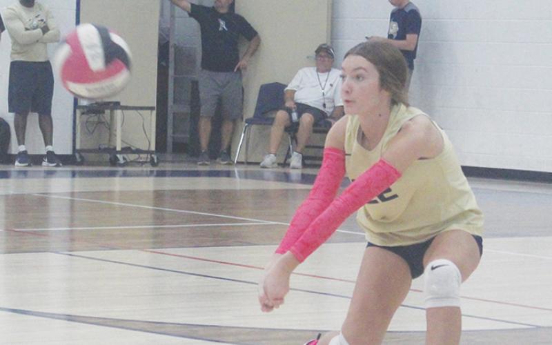 Adalynn Pool goes for the dig Tuesday, Oct. 8 against Bryson. (Photo/Brian Smith)