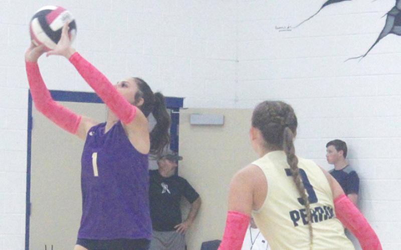Perrin's Lauren Morris passes the ball during the Lady Pirates' match Tuesday, Oct. 8 with Bryson. (Photo/Brian Smith)