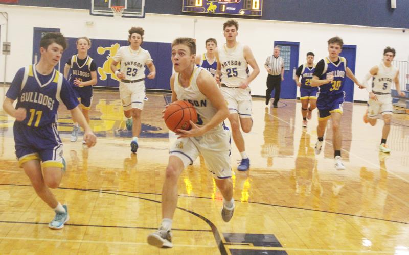 Jameson Pierce leads a group of players to the basket Tuesday, Dec. 17  during Bryson’s 68-39 win over Prairie Valley. Pierce had 17 points in the victory. Photo/Brian Smith