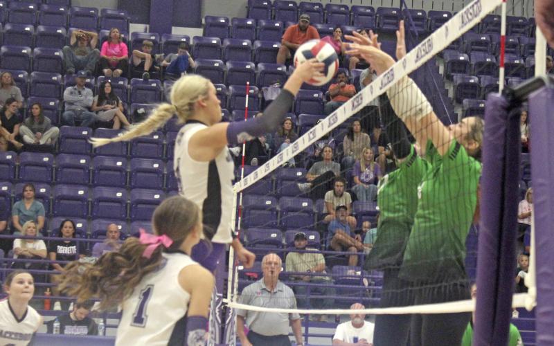 Hayden Walker attempts a kill during the Tigerettes’ match with Iowa Park. Jacksboro lost its Senior Night match with the Lady Hawks. Photo/Brian Smith
