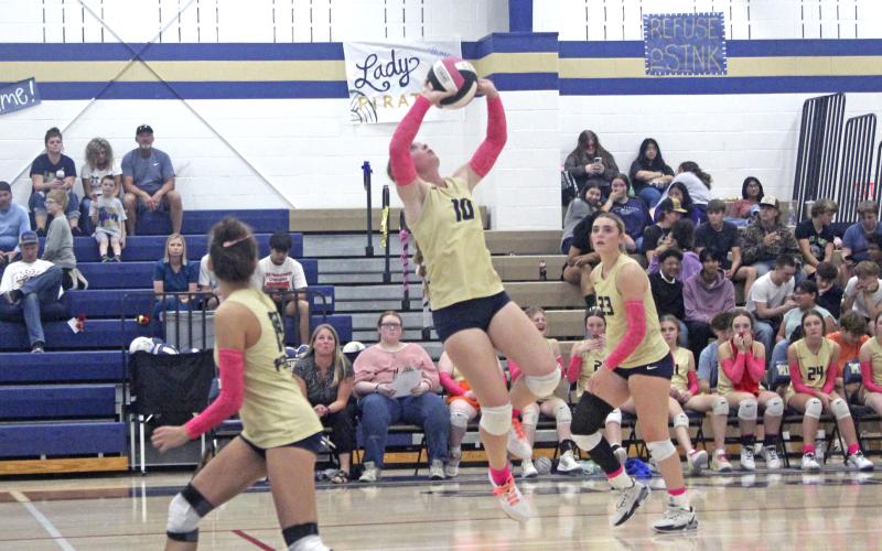  Lucchese Reilly sets the ball Tuesday, Oct. 29 as part of the regular season finale for Perrin. The Lady Pirates lost to Garner in straight sets. Photo/Brian Smith