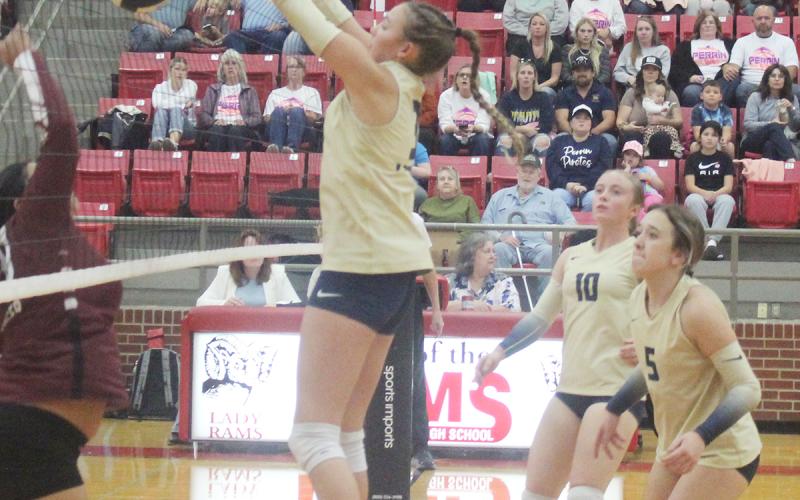 McKieran Murphy goes for the block on the Ranger return during the first set of Perrin’s bi-district win over the Lady Bulldogs. Perrin will face Saint Jo at 7 p.m. Thursday, Nov. 7. Photo/Brian Smith