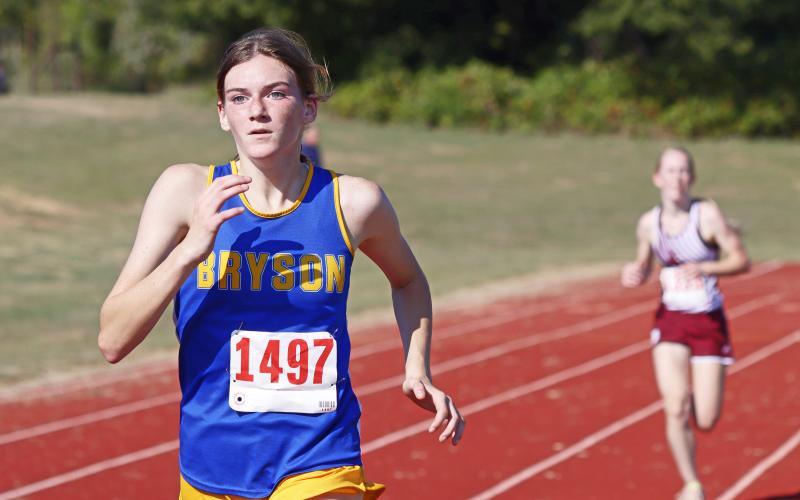 Bryson's Joslyn Whitfill competes in a meet earlier this season. The freshman runner qualified for the regional meet after her second place finish in this morning's district meet at Perrin. (Photo/Kylie Bailey)