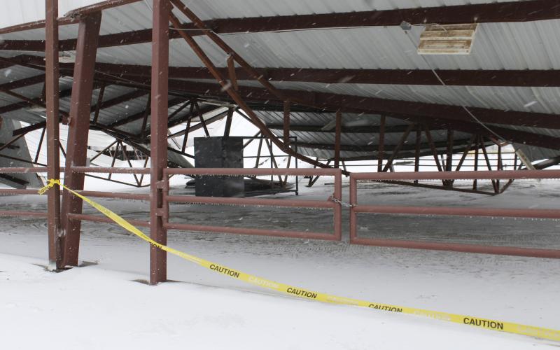 The beef pavilion at the Jack County Youth Fair grounds collapses under the weight of ice and snow overnight Friday, Jan. 23. A declaration of disaster was issued on Saturday, Jan. 24 for Jack County as officials continued to assess damages to property and infrastructure caused by the winter storm. Photo/Ashley Anderson