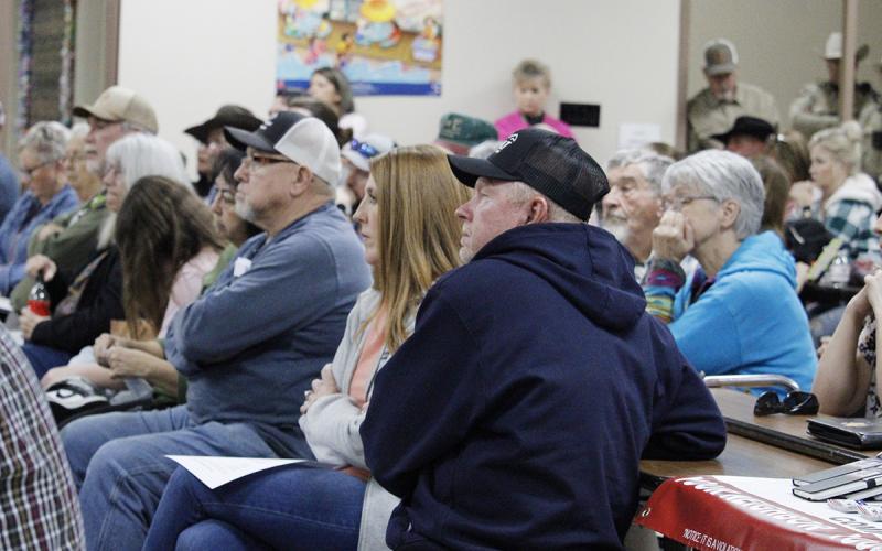 Jack County residents listen in ahead of the start of early voting at the candidate forum and meet and greet Thursday, Feb. 12 in Perrin for Republican primary candidates for 271st Judicial District Judge and Jack County Commissioner for precinct 2. Photo/Ashley Anderson