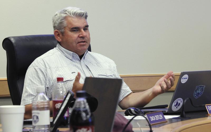 (Photo/Ashley Anderson) Jacksboro ISD Superintendent Brad Burnett outlines the new campus cellphone policy expected to be approved in August.