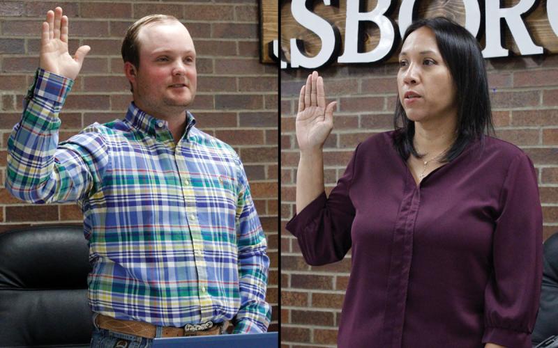 Jacksboro City Council members Tyler Harmonson and Libby Gonzales reaffirm their oaths of office Monday, May 11 after running unopposed in the local election. Photo/Ashley Anderson