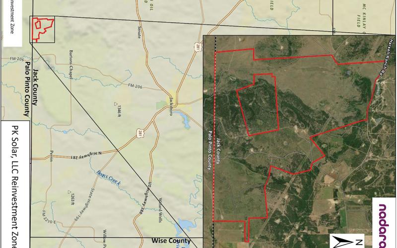 A map of the PK Solar, LLC reinvestment zone in southern Jack County. Commissioners will hold a public hearing Monday, April 27 to consider tax abatement agreements for improvements related to solar panels and battery energy storage systems. Contributed Photo/PK Solar