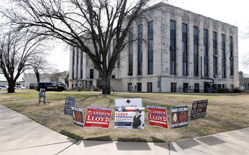 Yard signs for local candidates outside the Jack County Courthouse. Early voting kicked off Tuesday, Feb. 17 and will run through Friday, Feb. 27. Election day will be Tuesday, March 3 and voters will have the opportunity to cast their ballots at one of four polling locations in Jack County. Photo/Ashley Anderson