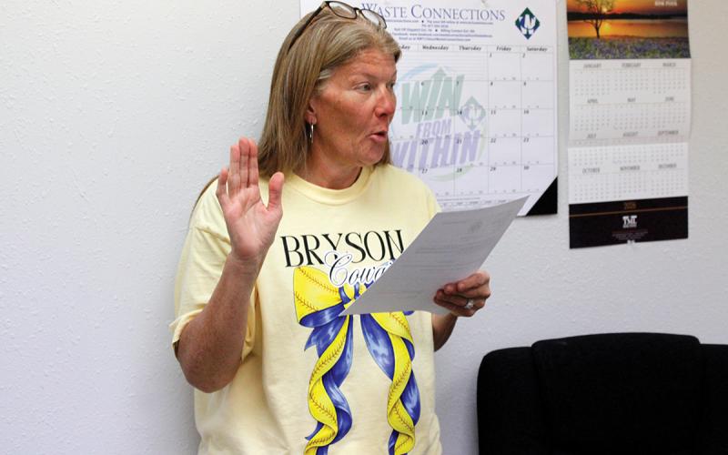 Bryson City Council Place 5 member Heather Neer is sworn into office Monday, May 11. The city of Bryson canceled its local election after incumbents for Places 1, 3 and 5 ran unopposed. Photo/Ashley Anderson