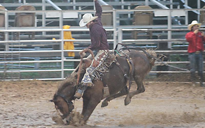 A saddle bronc competitor rides in the mud during last year's Jack County Sheriff's Posse Rodeo.