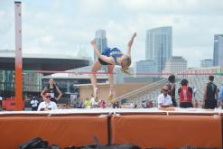 Joslyn Whitfill clears the bar during the high jump competition at the UIL State Track Meet. Whitfill finished in fifth place. Photo/Colton McWilliams