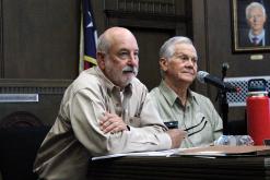 Jack County Commissioners Gary Oliver and Ronald Fitzgerald listen to public comments Monday, June 8 regarding the rescheduling of a public hearing to designate a reinvestment zone and consider a tax abatement agreement with CyrusOne. The hearing was rescheduled for Monday, July 27 but no action would be taken unless all members of the court were present. Photo/Ashley Anderson