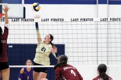 Lady Pirate Kannan Collier tips the ball over the net against Poolville in October 2025. Collier was selected to play for the White team at the On the Sidelines 940 All-Star Games in Wichita Falls. Photo/Ashley Anderson