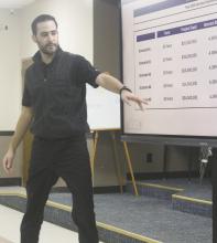Jake Lawrence, with Government Capital Securities, explains how each of the scenarios being discussed would affect the district tax rate and monthly impact it would have on homeowners. A proposal of the planning committee would like to see is expected to be given to the school board at the Thursday, Jan. 23, 2025 meeting. Photo/Brian Smith
