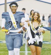Perrin Homecoming King Manny Quevedo and Queen Jaylee Holmes were selected in pre-game ceremonies Friday, Oct. 4. Perrin suffered a 32-30 loss to Saint Jo. For further game details, see page 8. Photo/Tammy Reynolds