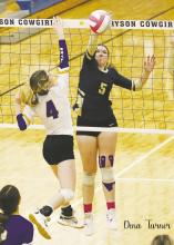 Perrin’s Makenna Mathis (5) looks for the kill against Bryson’s Tracy Hauger during a recent match. Bryson swept past Garner in bi-district action Tuesday, Nov. 1. Photo/Dena Turner