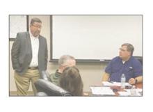Jack County Sheriff Charles “T-Bob” Hauger speaks to Bryson ISD board members about the placement of a school resource officer into the school.
