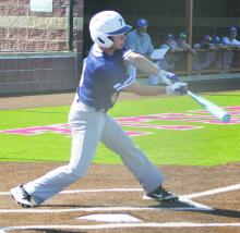 Perrin’s Logan Turner gets a base hit during the regional quarterfinal series Wednesday, May 8 with Dodd City. The Pirates were swept by the Hornets to end their season. Photo/Brian Smith