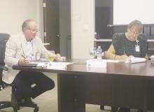 Faith Community Hospital CEO Frank Beaman talks about the proposed tax rate while Board President Lori McBrayer takes notes during the Thursday, Sept. 19 meeting. The board approved a nearly 5% increase. Photo/Brian Smith