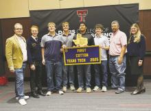 Perrin’s state champion cotton judging team of Travis Welch, Ryan Richerson, Manny Quevedo and Riley Sims are pictured with advisor Jacob Lange and state FFA officers Jeremiah McGee and Addie Carlson. Contributed photo
