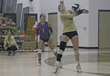 Kennadee Langham (23) makes a return while Lauren Morris backs up the play during the Lady Pirates’ match Saturday, Sept. 28 with Ranger. Perrin picked up the three-game sweep over the Lady Bulldogs. Photo/Brian Smith