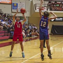 Bryson’s Evan Ford attempts a 3-point shot in the TSMCA All-Star Game Saturday, June 21 in Wichita Falls. Photo/Brian Smith