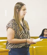 Justice of the Peace Jessica Bailey speaks to Jack County commissioners during their Monday, April 22 meeting about software changes. Photo/Brian Smith
