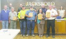 Six city employees were honored with being with the city from five to 20 years Monday, Oct. 28. In order from left to right, Michael Booher, Daniel Hall, Les Guthrie, Leslie Jackson and Jeremy Jennings (not pictured, Jesse Lee). Photo/Brian Smith
