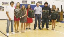 Bryson athletes honored during the school athletic banquet Monday, May 8 were left to right, Evan Ford, Riley Valliant and Tracy Hauger (Outstanding Athletes), Brooke Bennett and Tyler Cotter (Coach’s Leadership), Ben Bennett (Fighting Heart), and Allie Orr (Miss Hustle). Photo/Brian Smith