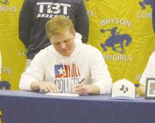 Bryson pitcher Garrett Pennington signs his national letter of intent to compete for Hill College. Photo/ Brian Smith