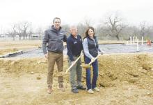 An official groundbreaking on the new Jack County Animal Shelter was held Wednesday, March 8. Left-right Josh Lilliard, Animal Control Officer Mike Booher and Friends of the Animal Shelter spokesperson Karen Umphress are seen with their shovels of dirt. Photo/Brian Smith
