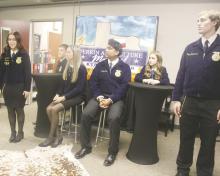 Perrin ag issues team members Jaylee Holmes, Aidan Gill, Leddy Hill, Manny Quevedo, Shiloh Wilson and Ryan Richerson give their presentation on guns in the field of agriculture during the Perrin- Whitt CISD school board meeting Monday, Nov. 11.