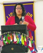 Vanessa Alonzo, Region 9 area coordinator with Special Olympics of North Texas, speaks to Jacksboro Lions Club member about a basketball competition Saturday, March 2 at Graham High School. Teams, athletes and volunteers to work the event are all needed. For information or to sign up, visit sotx.org. Photo/Brian Smith