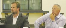 Jacksboro ISD board members Mason Spiller and Kelly Mower listen to some preliminary talk about the 2025-26 budget. Photo/Brian Smith