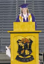 Valedictorian Payton Nail speaks to her fellow 2023 Jacksboro High School seniors as part of commencement ceremonies Friday, May 26 at Jacksboro High School. Photo/Brian Smith